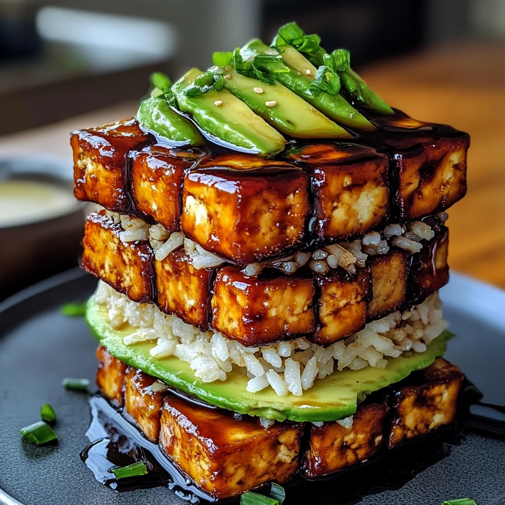 Crispy Teriyaki Tofu and Avocado Rice Stack