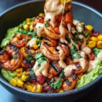Grilled Shrimp Bowl with Avocado, Corn Salsa & Creamy Sauce
