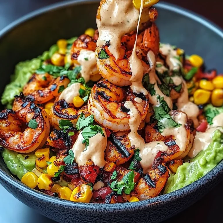 Grilled Shrimp Bowl with Avocado, Corn Salsa & Creamy Sauce