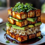 Crispy Teriyaki Tofu and Avocado Rice Stack