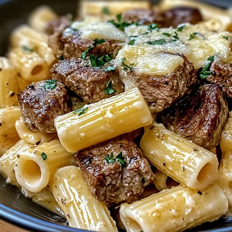Garlic Butter Steak Tips with Cheesy Rigatoni