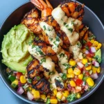 Grilled Shrimp Bowl with Avocado, Corn Salsa & Creamy Sauce