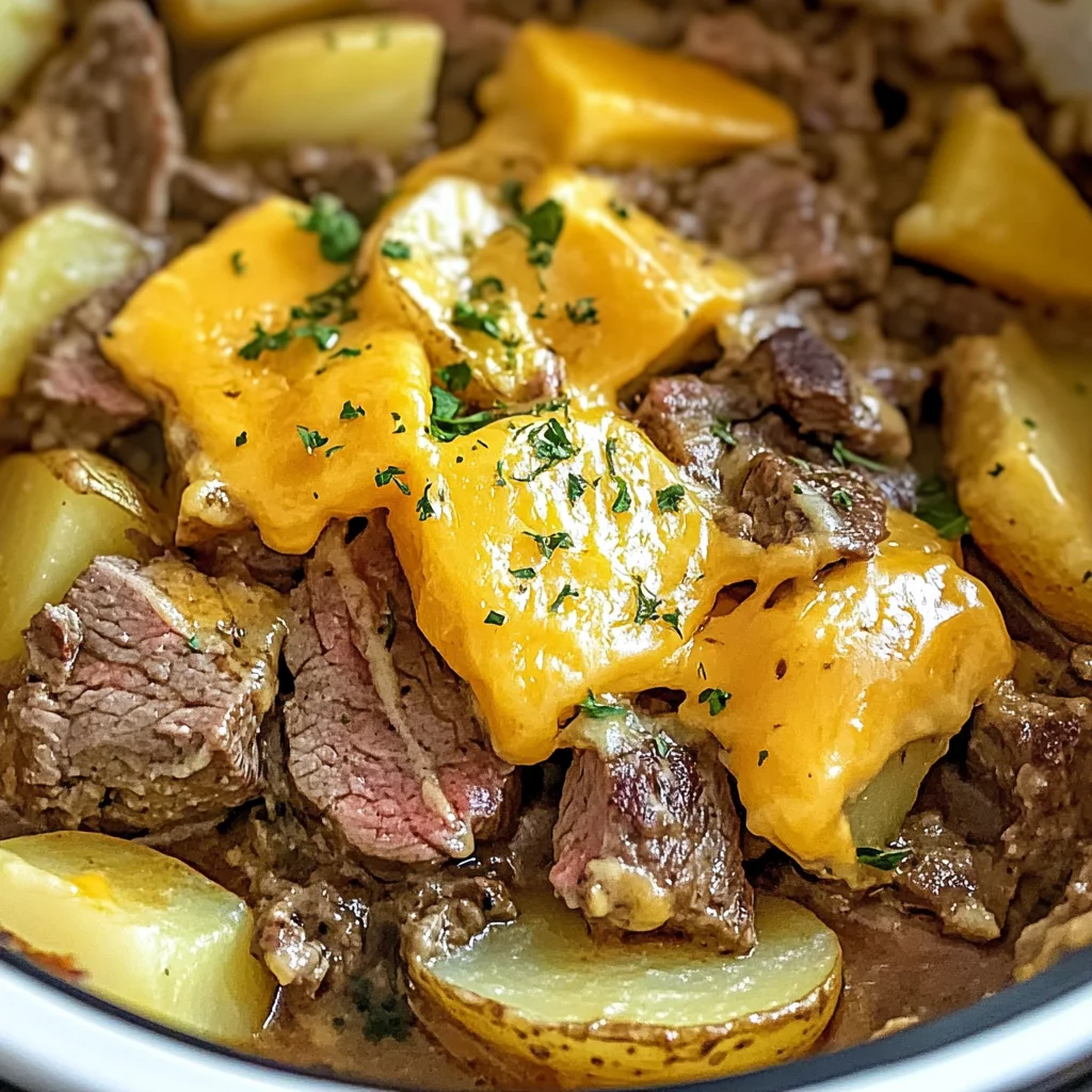 Slow Cooker Steak and Cheddar Potato Casserole