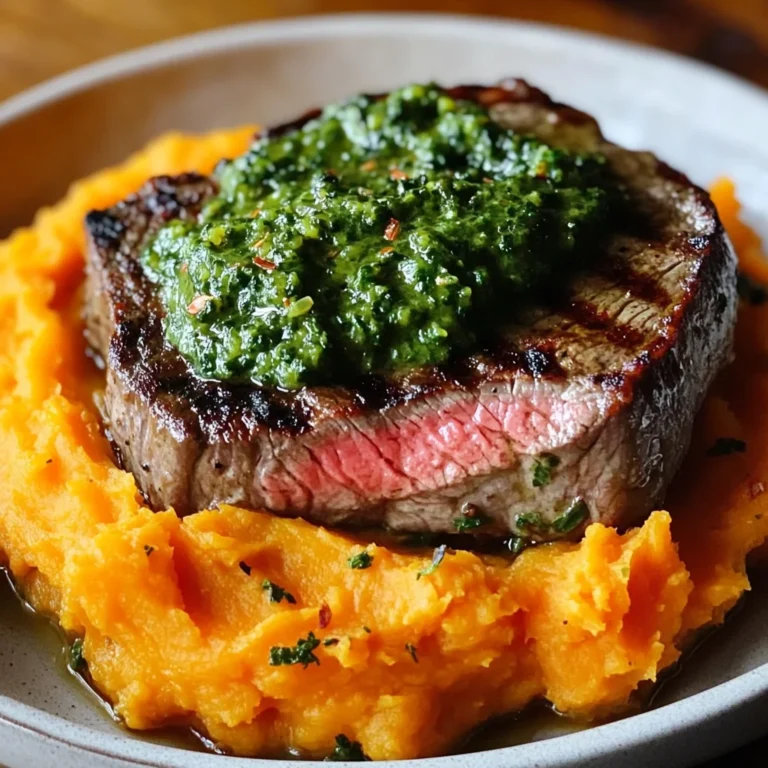 Steak with Green Sauce and Mashed Sweet Potatoes