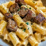 Cajun Steak Tips in Cheesy Rigatoni Parmesan Sauce