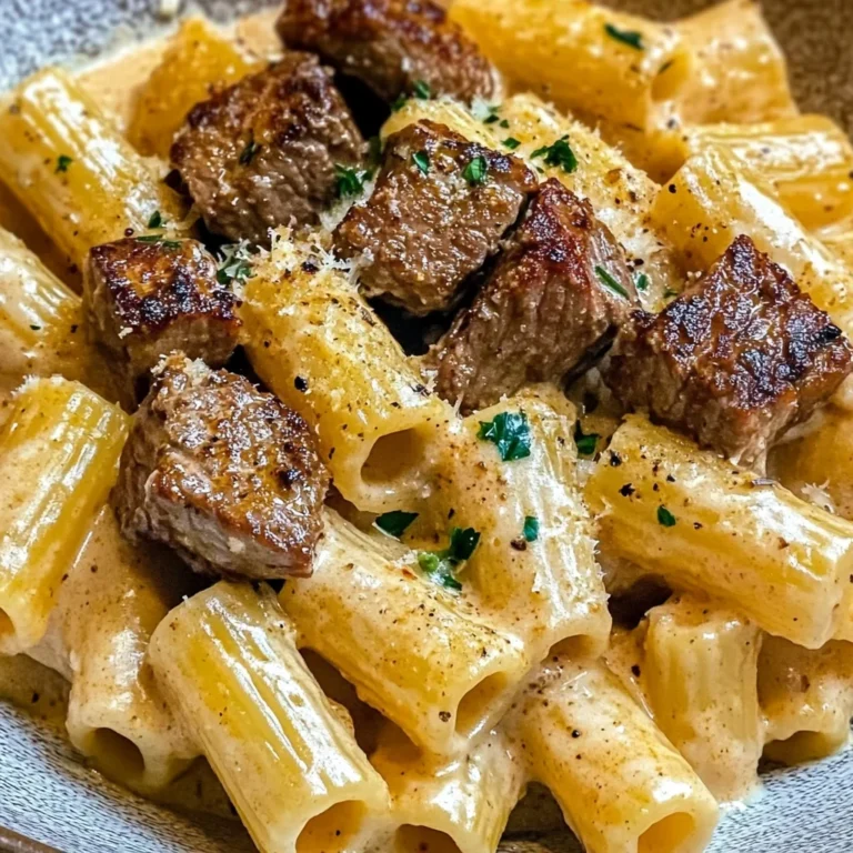Cajun Steak Tips in Cheesy Rigatoni Parmesan Sauce