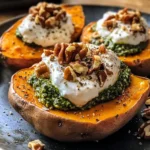 Stuffed Sweet Potatoes with Burrata, Toasted Walnuts & Sage Pesto